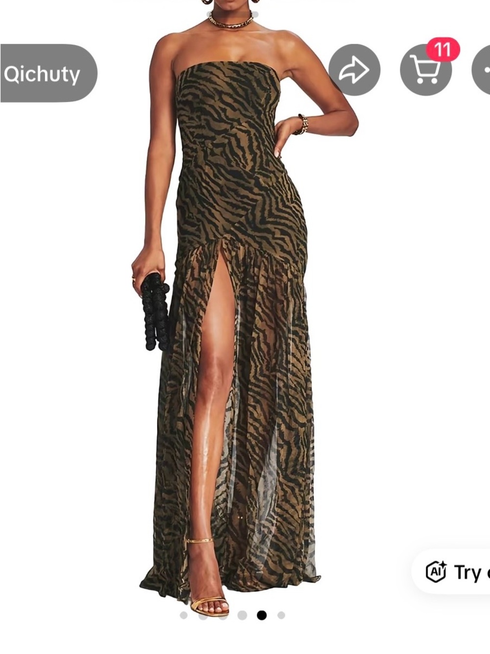 Strapless Brown & Black Zebra Print Maxi Dress with Front Slit